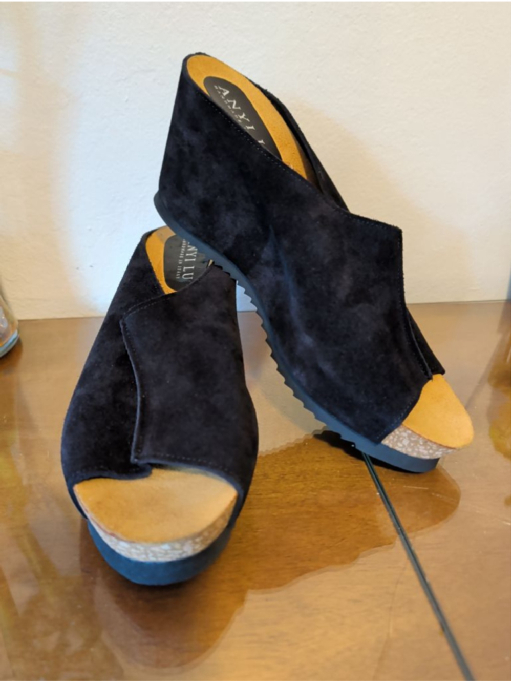 ANYI LU Black Suede Peep Toe Wedge Slide Sandals US 10.5 EU 42
